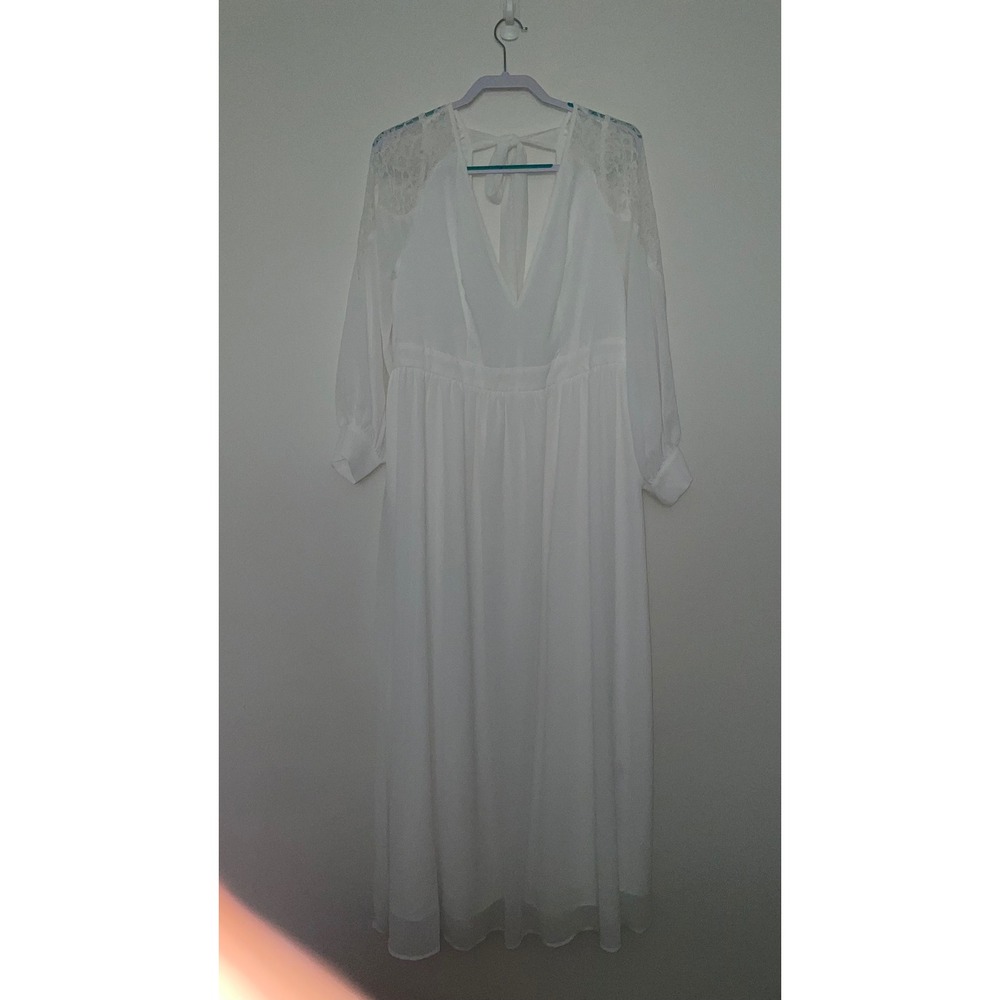 SHEIN CURVE White Lace Shoulder V-Neck Maxi Dress 2XL Long Sleeve Pearl Cuff